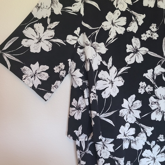 Chico's Floral Black & White Midi Dress with Layered Half Top and Keyhole Back - Picture 3 of 7